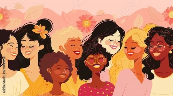 Fototapeta Colorful flat vector illustration of diverse women with soft edges and subtle gradients, representing various ethnicities, skin tones, and hair textures. 