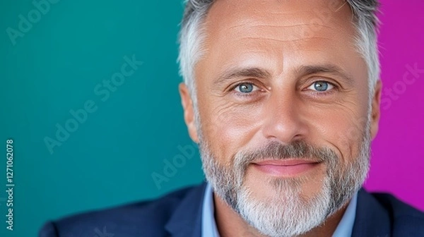 Fototapeta Middle-Aged Man with Blue Eyes and Salt-and-Pepper Beard Against Dual-Colored Background