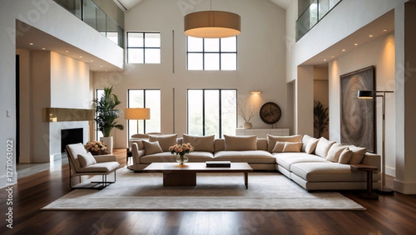 Fototapeta The living room is bright and modern, featuring a beige sectional sofa and high ceilings, and large windows that provide natural light for a spacious atmosphere.