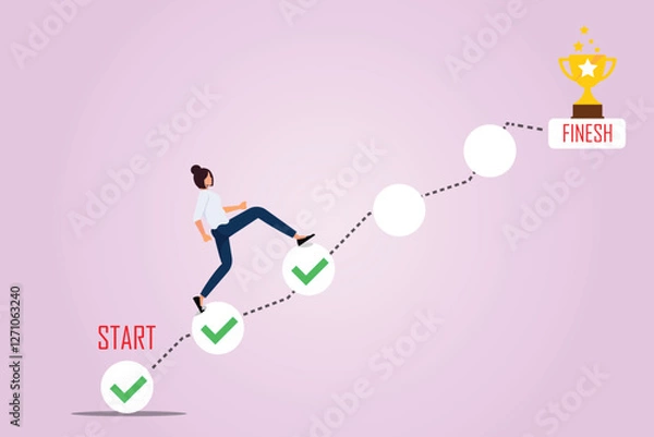 Obraz Businesswoman Walking from a Small Goal to Another Big Goal and Achieved Success: Vector Illustration