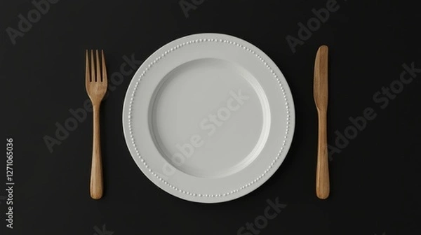 Fototapeta A minimalist catering icon set showcasing a white plate, fork, and spoon in a sleek, modern design, emphasizing key dining elements in a stylish way, perfect for restaurants and cafes