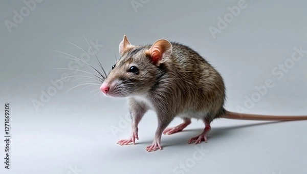 Fototapeta Small house mouse standing on gray background