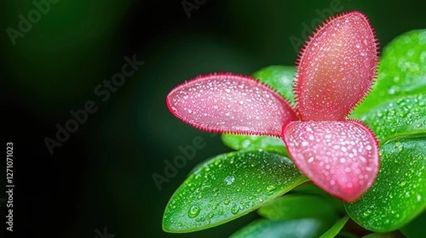 Fototapeta Dewy pink leaves, lush green foliage, garden closeup