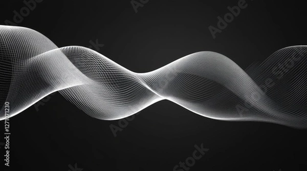 Fototapeta Subtle and sophisticated white audio waves forming elegant curves on a deep black background.