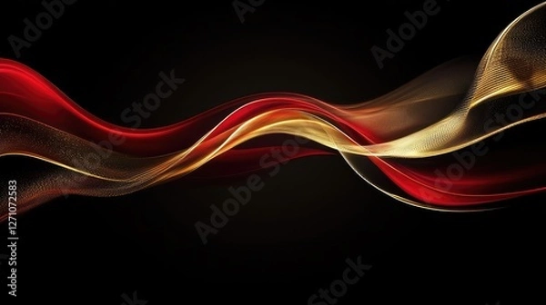 Fototapeta Abstract flowing red and gold heart waves creating elegant curves over a deep black space.