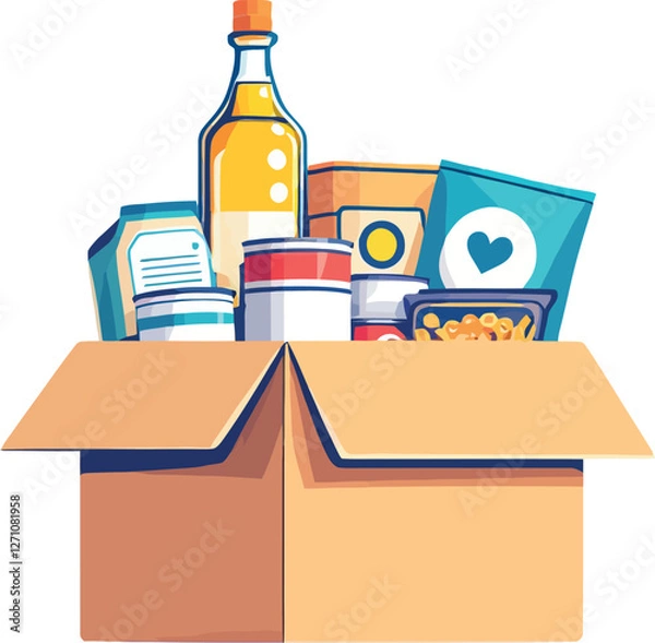 Fototapeta Cardboard box overflowing with food donations for charity