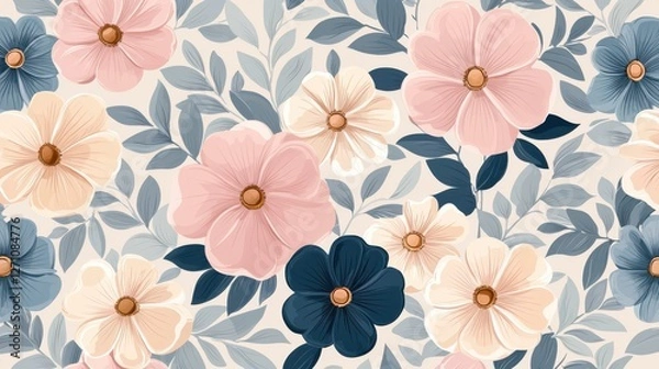 Fototapeta Background pattern cute flower concept. Gorgeous Floral Pattern with Delicate Hand Drawn Daisies in Soft Pastel Colors