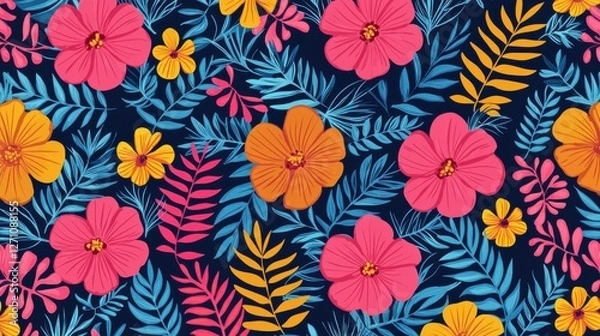 Obraz Background pattern cute flower concept. Vibrant Tropical Floral Pattern with Hibiscus and Exotic Foliage