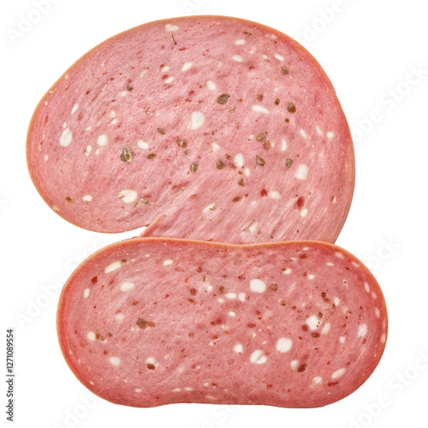 Fototapeta Number 2 crafted from mortadella slices, a pink Italian cured meat with white fat cubes and greenish pistachios. The oval slices have a glossy sheen, highlighting their freshness
