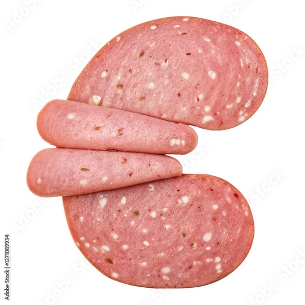 Fototapeta Euro sign crafted from mortadella slices, a pink Italian cured meat with white fat cubes and greenish pistachios. The oval slices have a glossy sheen, highlighting their freshness