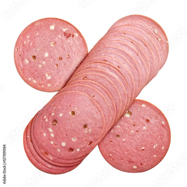 Fototapeta Percent sign crafted from mortadella slices, a pink Italian cured meat with white fat cubes and greenish pistachios. The oval slices have a glossy sheen, highlighting their freshness