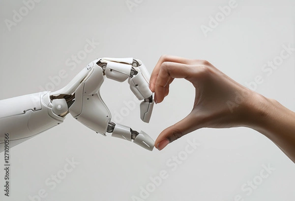 Obraz A white ai robot hand and a human hand come together to form the shape of a heart. Heart shaped by human and ai robot hands. Isolated on light grey background.