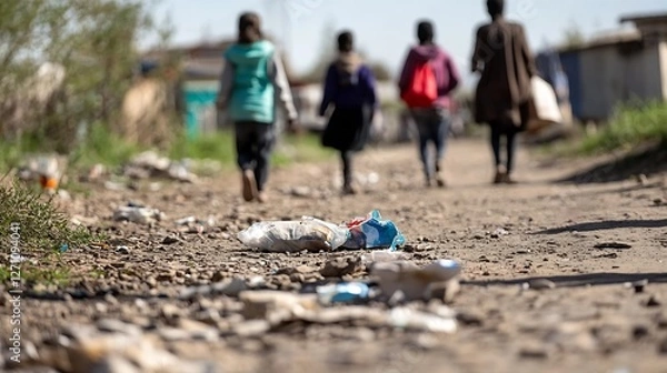 Fototapeta Group of Children Walking in a Trash Covered Area Highlighting Poverty and Environmental Issues : Generative AI