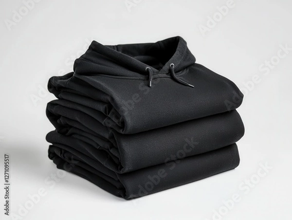 Obraz Neatly Stacked Black Hoodies on a Light Background for Apparel Display