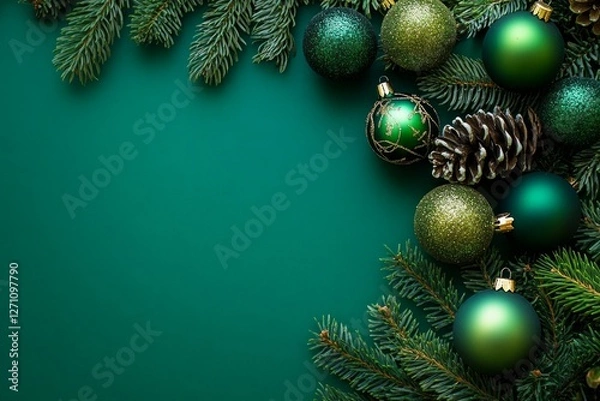 Fototapeta Christmas wreath with ornaments on teal background. AI image