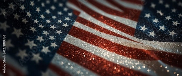 Fototapeta A glowing, out-of-focus American flag with a dazzling glitter overlay, perfect for Memorial or Veterans Day, 4 July, independence day