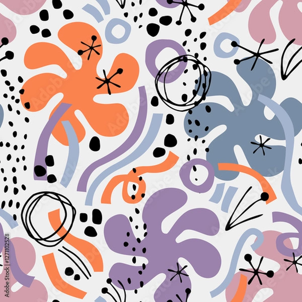 Obraz Abstract minimal lines, circles, doodles, squiggles seamless pattern.