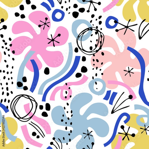 Obraz Abstract minimal lines, circles, doodles, squiggles seamless pattern.