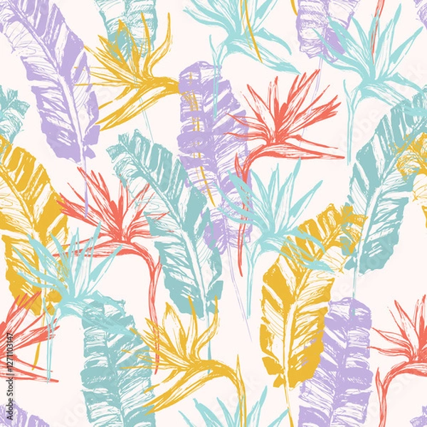 Obraz Grunge tropical leaves, flowers seamless pattern. Hand drawn abstract background: banana leaf, bird-in-paradise flower silhouettes.