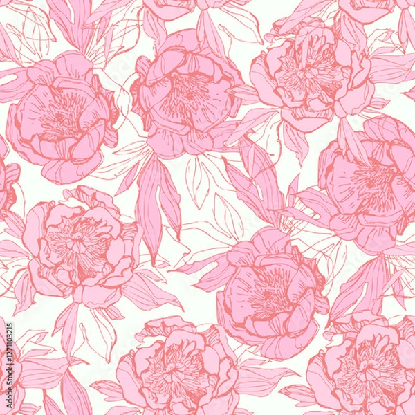 Obraz Line sketch peonies seamless pattern. Peony flowers background in silhouette, line art