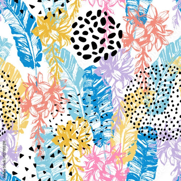 Obraz Grunge tropical leaves, flowers, dotted circles seamless pattern.