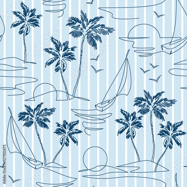 Obraz One line drawing tropical oasis island seamless pattern.
