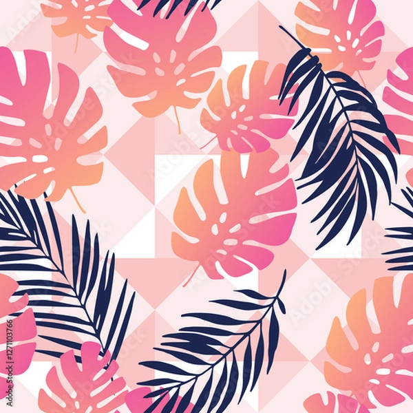 Obraz Exotic leaves on geometrical rhombus background. Seamless tropical pattern