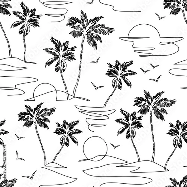 Obraz Abstract landscape on blue stripe background: mountains, sea, coconut palm tree, birds continuous art.