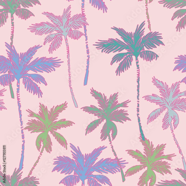 Fototapeta Colorful vivid palm tree silhouettes, outlines seamless pattern.