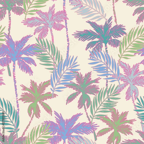Obraz Colorful vivid palm tree silhouettes, outlines seamless pattern.