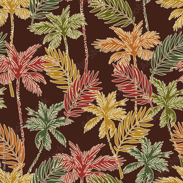 Obraz Colorful vivid palm tree silhouettes, outlines seamless pattern.
