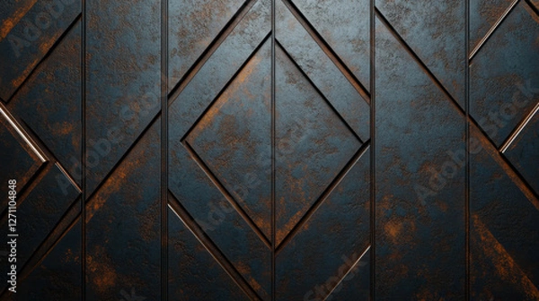 Fototapeta Textured metallic wall with geometric patterns and rust accents, showcasing modern industrial design. interplay of light and shadow enhances its visual appeal