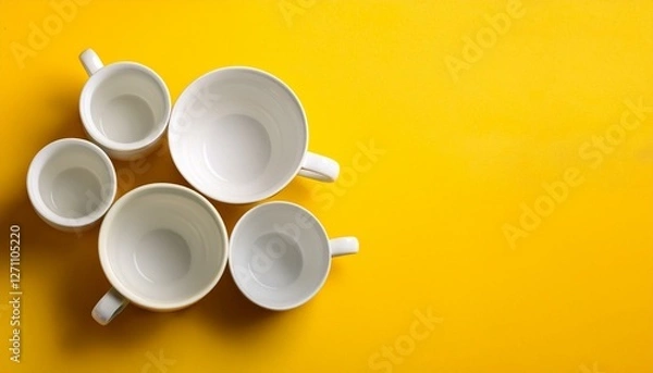 Fototapeta 春の温かな日差しを感じるレモンイエローの背景と、シンプルな白い陶器のティーカップが調和する空間
