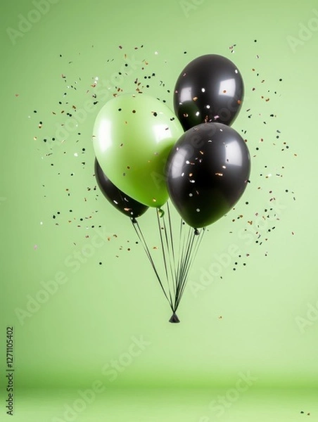Fototapeta Colorful balloons with confetti floating against a green background
