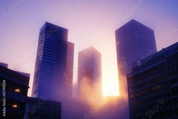 Obraz Fog and sunrise behind skyscrapers