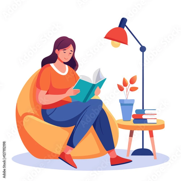 Fototapeta In a tranquil setting, a woman is deeply engaged in reading a book on a comfy bean bag. A soft lamp lights the space, and a cup of chai is placed nearby, creating a cozy atmosphere