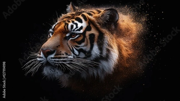 Fototapeta Tiger portrait, exploding fur, dark background, dramatic effect