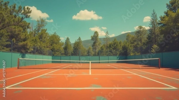 Fototapeta A serene outdoor tennis court surrounded by trees, with a clear blue sky and distant mountains, inviting players to enjoy a game.