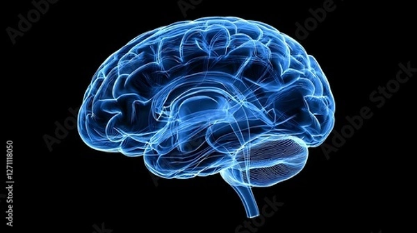 Fototapeta Detailed 3D Rendering of a Blue Human Brain on a Black Background