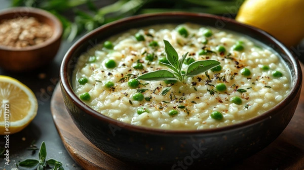 Fototapeta Seasonal recipes featuring spring pea risotto garnished with fresh herbs and lemon zest