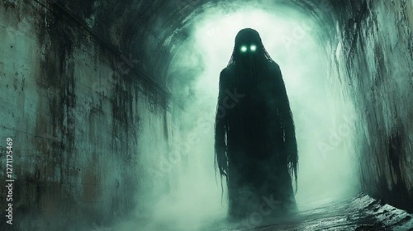 Fototapeta A shadowy figure with glowing eyes stands at the end of a dark, decaying hallway, surrounded by mist and an eerie atmosphere, evoking a sense of fear and the unknown