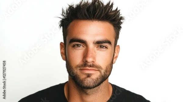 Fototapeta Close-up of a man with a spiky hairstyle and a rugged stubble beard, isolated on a white background, highlighting a youthful and energetic style.