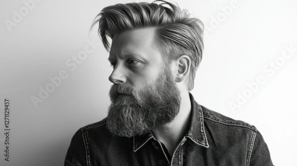 Fototapeta Portrait of a man with a quiff hairstyle and a long, tapered beard, isolated on a white background, radiating a sophisticated and trendy vibe.
