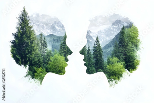 Obraz Profile silhouettes merge with mountain trees; conceptual nature stock image