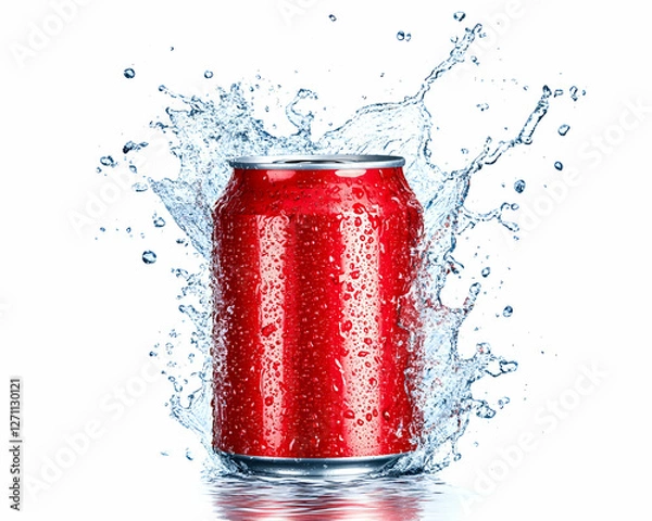 Fototapeta Red can with water splashing around it for a refreshing summer beverage advert