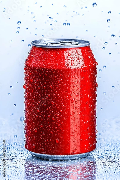 Fototapeta Red canned drink with water droplets on a blue background for an ad or summer use