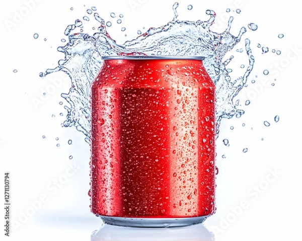 Fototapeta Refreshing red can splashes with water drops, isolated. Product mock-up