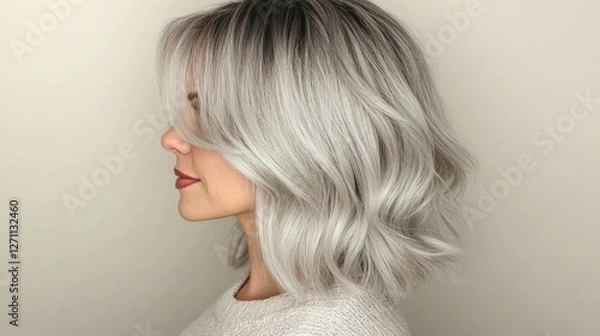 Fototapeta Side view of a woman with silver-gray hair styled in a layered shag cut, with soft waves adding volume and texture, standing against a neutral beige backdrop.