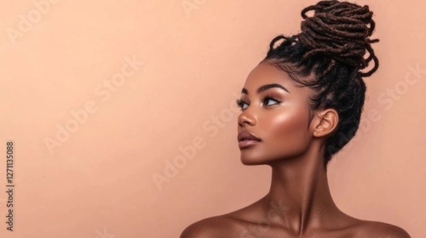 Fototapeta Studio portrait of a Black woman with twisted faux locs styled in a messy bun, wearing natural makeup, standing against a soft peach background, showcasing low-maintenance beauty