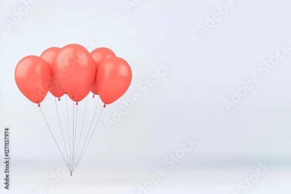 Fototapeta Red Balloons Ascending White Background - Celebration, joy, festivity, lightness, hope. A cluster of red balloons floats against a minimalist white backdrop